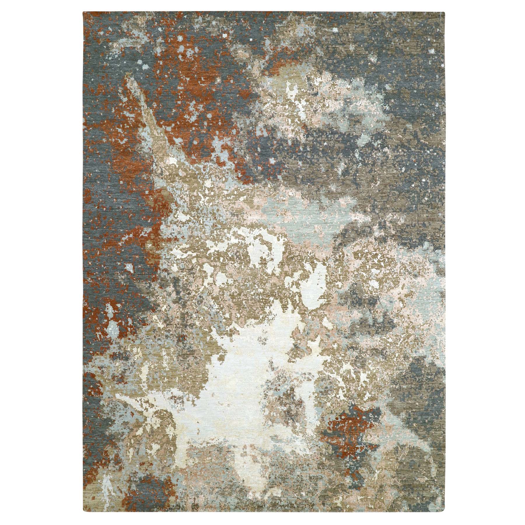 Anchor Gray with Beige, Densely Woven, Abstract with Galaxy Design, Persian Knot, Pure Wool, Hand Knotted, Oriental Rug